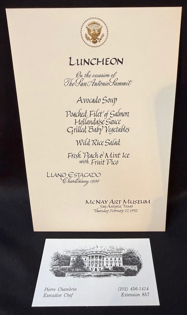 WHITE HOUSE SAN ANTONIO SUMMIT LUNCHEON MENU, ESTATE OF WH EXECUTIVE CHEF PIERRE CHAMBRIN ESTATE,: An exceptionally scarce official White House diplomatic luncheon menu card issued for the historic San Antonio Summit held February 27, 1992, at the McNay Art Museum. This formal presidential hospital