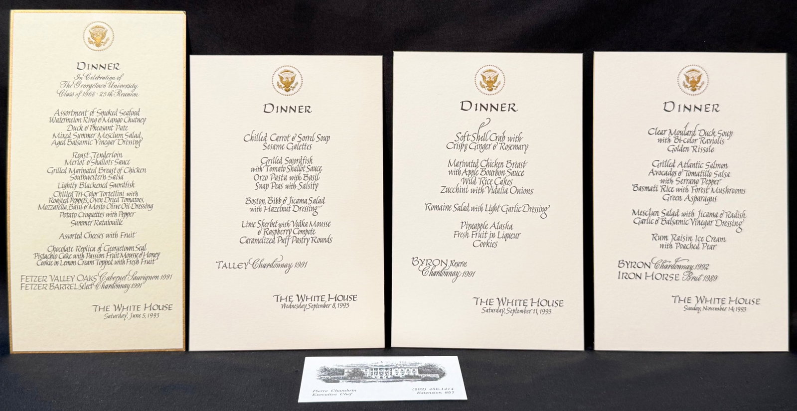 HISTORIC WHITE HOUSE DINNER MENU ARCHIVE, GEORGETOWN REUNION, OSLO ACCORDS, NAFTA/APEC DIPLOMACY,: A historically significant collection of four original formal White House dinner menu cards from the estate of former White House Executive Chef Pierre Chambrin, spanning June through November 1993. T