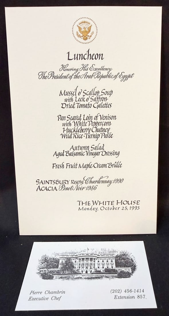 WHITE HOUSE LUNCHEON HONORING EGYPTIAN PRESIDENT HOSNI MUBARAK, OCTOBER 25, 1993, ESTATE OF FORMER: This is an authentic formal White House luncheon menu card created for a diplomatic luncheon honoring Egyptian President Hosni Mubarak during the Clinton administration, held at the White House on Oct