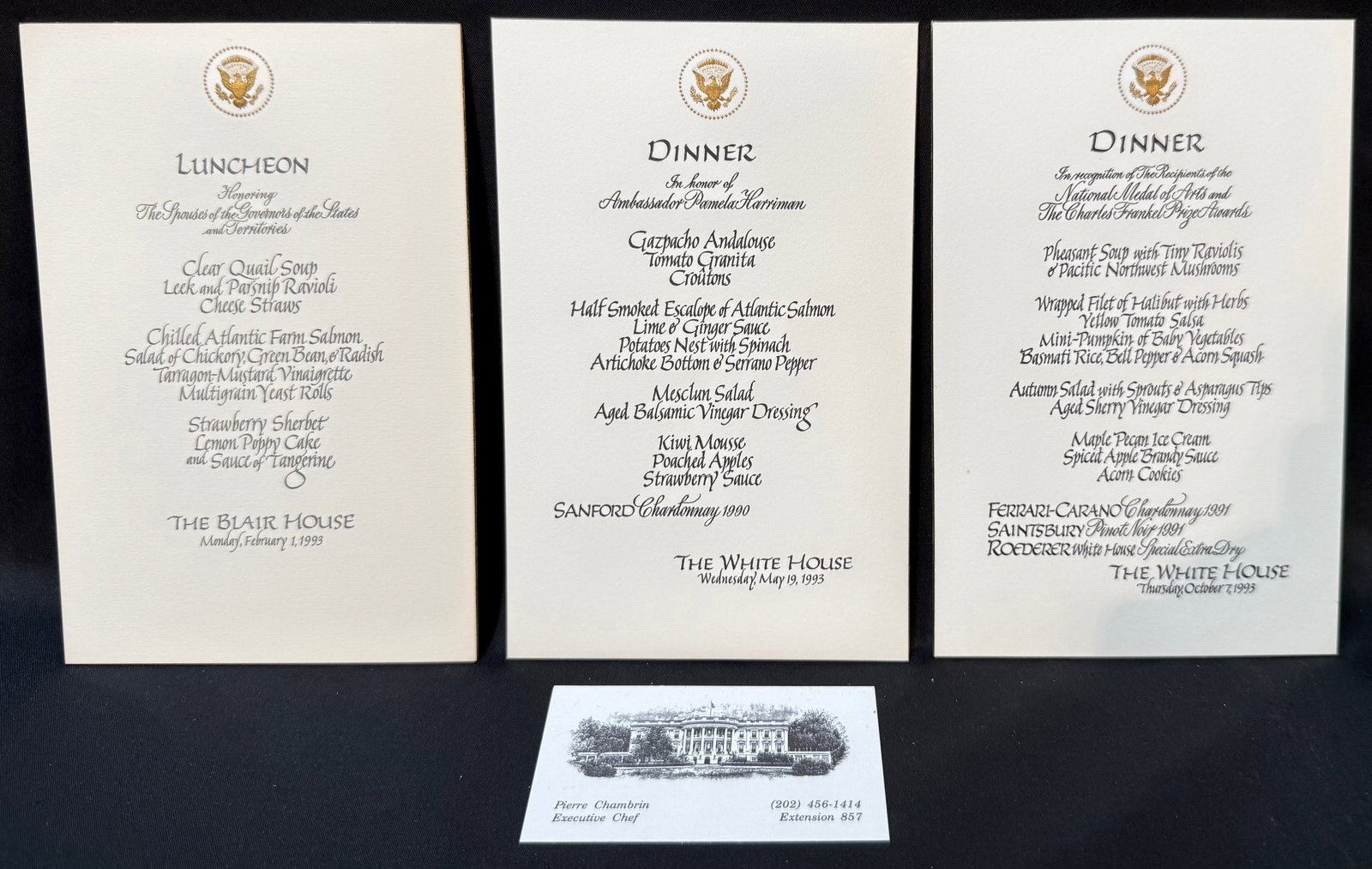 WHITE HOUSE, BLAIR HOUSE FORMAL MENU CARD ARCHIVE FROM THE ESTATE OF EXECUTIVE CHEF PIERRE CHAMBRIN,: An extraordinary and highly personal archive of official White House and Blair House ceremonial dining material from the estate of former White House Executive Chef Pierre Chambrin, one of the most re