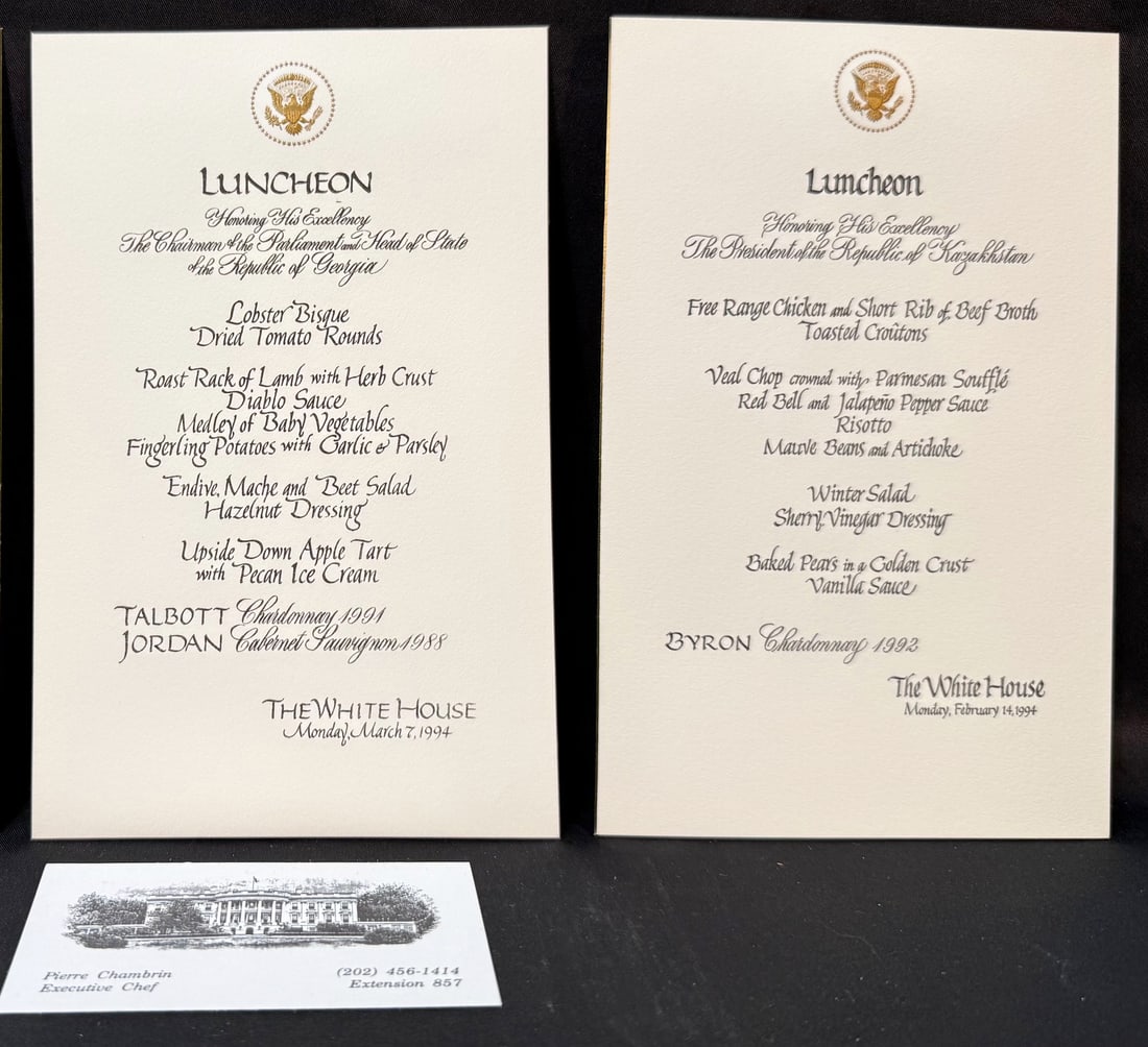 WHITE HOUSE DIPLOMATIC LUNCHEON MENU CARD ARCHIVE FROM THE ESTATE OF EXECUTIVE CHEF PIERRE CHAMBRIN,: An exceptional and historically important archive of official White House diplomatic luncheon menu cards from the estate of former White House Executive Chef Pierre Chambrin, directly connected to the