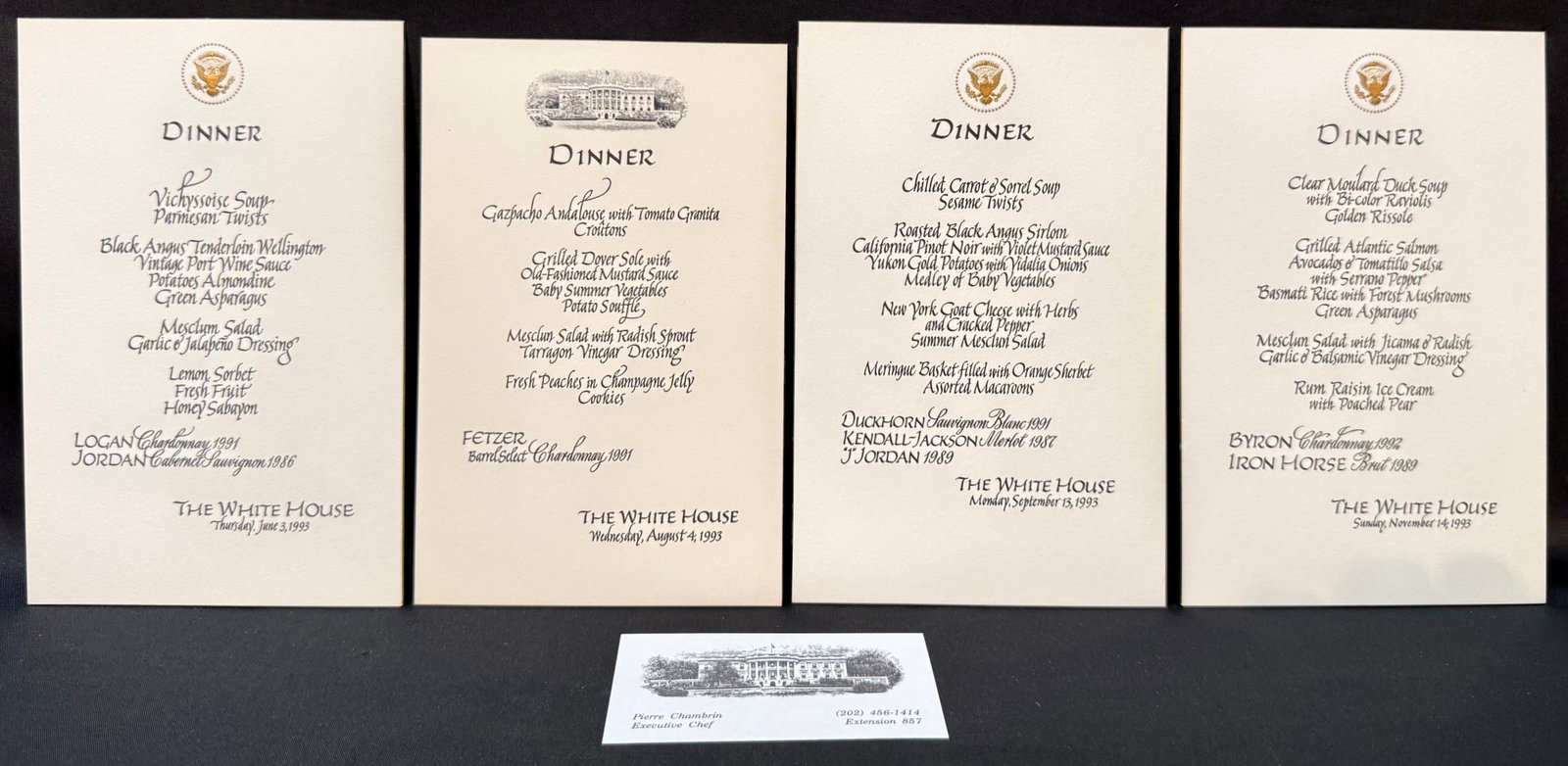 MUSEUM-LEVEL WHITE HOUSE DIPLOMATIC DINNER MENU ARCHIVE FROM THE ESTATE OF EXECUTIVE CHEF PIERRE: An extraordinary and historically significant archive of official White House dinner menu cards directly from the estate of former White House Executive Chef Pierre Chambrin, documenting some of the m