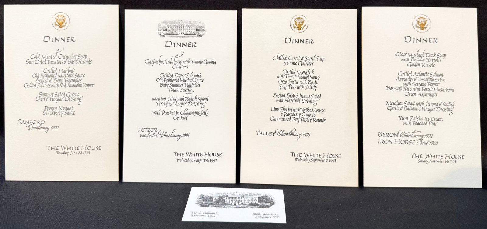 4 ORIGINAL 1993 WHITE HOUSE DINNER MENU CARDS, ESTATE OF WHITE HOUSE EXECUTIVE CHEF PIERRE CHAMBRIN,: An extraordinary and museum-worthy archive grouping of four original White House formal dinner menu cards dating from 1993, accompanied by an original White House Executive Chef Pierre Chambrin busine