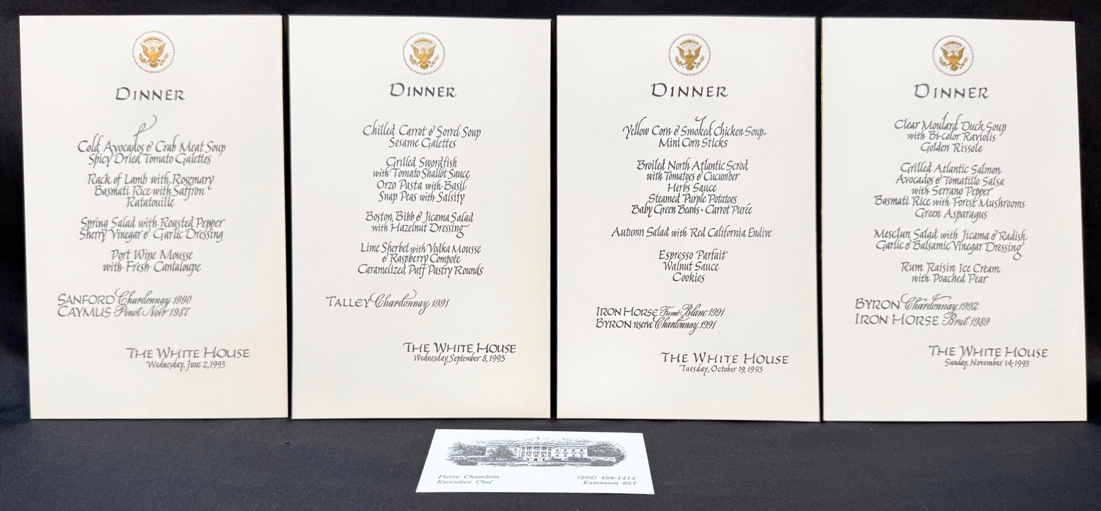 ARCHIVE OF 4 ORIGINAL 1993 WHITE HOUSE DINNER MENU CARDS, CLINTON ERA DIPLOMATIC/GEOPOLITICAL: An exceptional museum-worthy archive of four original White House formal dinner menu cards dating from 1993, preserved from the estate of former White House Executive Chef Pierre Chambrin and accompan