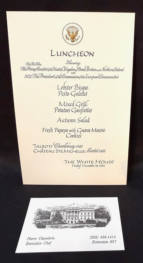 WHITE HOUSE LUNCHEON MENU CARD HONORING BRITISH PRIME MINISTER JOHN MAJOR AND EUROPEAN COMMISSION: An original formal White House luncheon menu card from one of the most historically significant diplomatic periods of the late 20th century, issued at the White House on December 18, 1992, honoring th