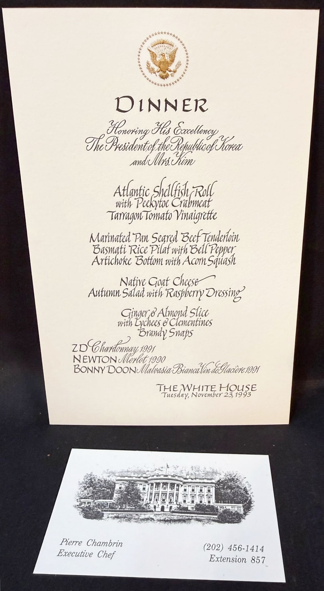 WHITE HOUSE STATE DINNER MENU, NOVEMBER 23, 1993, FOR THE PRESIDENT OF SOUTH KOREA, ESTATE OF: Offered here is an original White House State Dinner menu from Tuesday, November 23, 1993, honoring The President of the Republic of Korea and Mrs. Kim, preserved directly from the estate of Pierre Ch