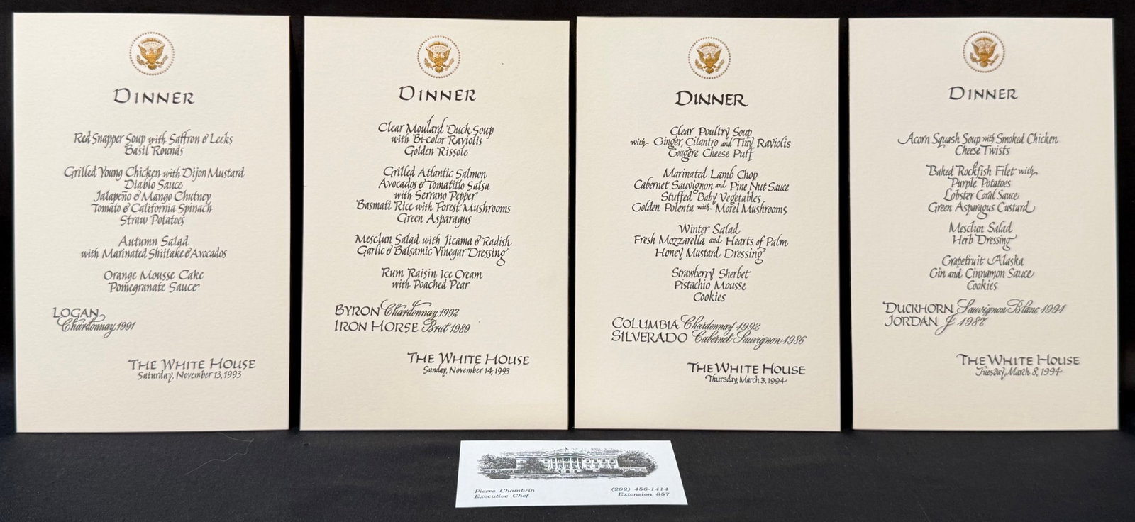 WHITE HOUSE DIPLOMATIC DINNER MENU COLLECTION, ESTATE OF FORMER WHITE HOUSE EXECUTIVE CHEF PIERRE: An extraordinary surviving group of original White House Executive Residence dinner menu cards from the estate of former White House Executive Chef Pierre Chambrin, spanning November 1993 through Marc