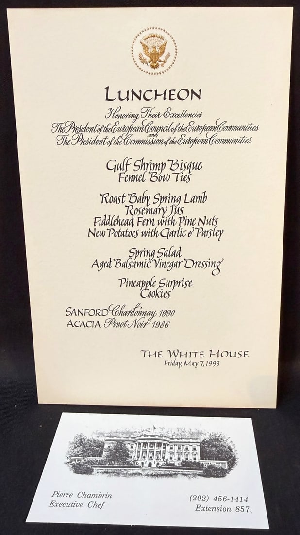 WHITE HOUSE LUNCHEON MENU HONORING THE PRESIDENTS OF THE EUROPEAN COMMUNITIES, MARCH 7, 1993, ESTATE: An extraordinary and museum-worthy archive grouping of four original White House formal dinner menu cards dating from 1993, accompanied by an original White House Executive Chef Pierre Chambrin busine