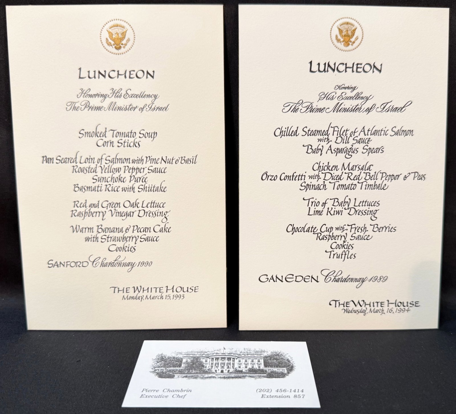 WHITE HOUSE LUNCHEON MENU SET HONORING ISRAELI PRIME MINISTER YITZHAK RABIN, ESTATE OF FORMER WHITE: A profoundly important pair of original White House Executive Residence luncheon menu cards honoring Israeli Prime Minister Yitzhak Rabin, preserved from the estate of former White House Executive Che