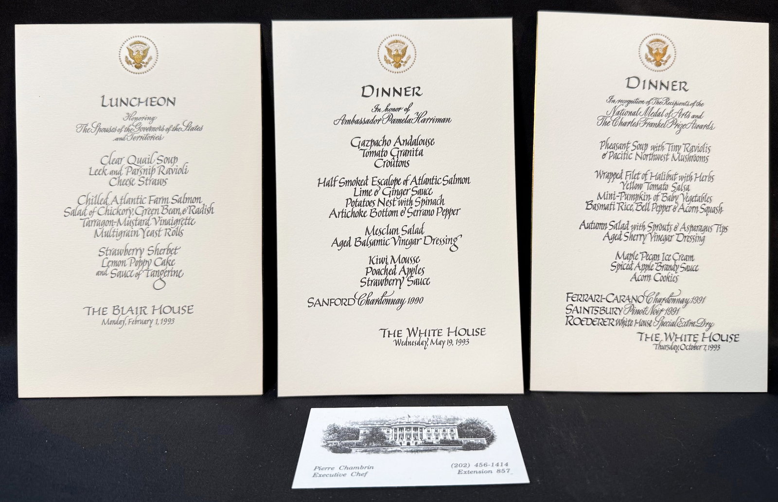 WHITE HOUSE FORMAL MENU SET, ESTATE OF EXECUTIVE CHEF PIERRE CHAMBRIN, CLINTON ADMINISTRATION: An extraordinary and historically resonant collection of original White House and Blair House formal menu cards from the estate of former White House Executive Chef Pierre Chambrin, documenting pivota
