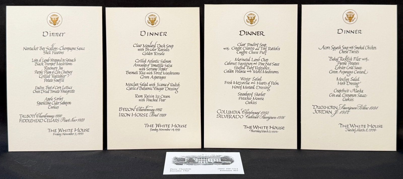 CLINTON WHITE HOUSE DIPLOMATIC DINNER MENU ARCHIVE, ESTATE OF WHITE HOUSE EXECUTIVE CHEF PIERRE: An extraordinary surviving archive of original White House dinner menu cards from the estate of former White House Executive Chef Pierre Chambrin. These are preserved artifacts from the Executive Resi