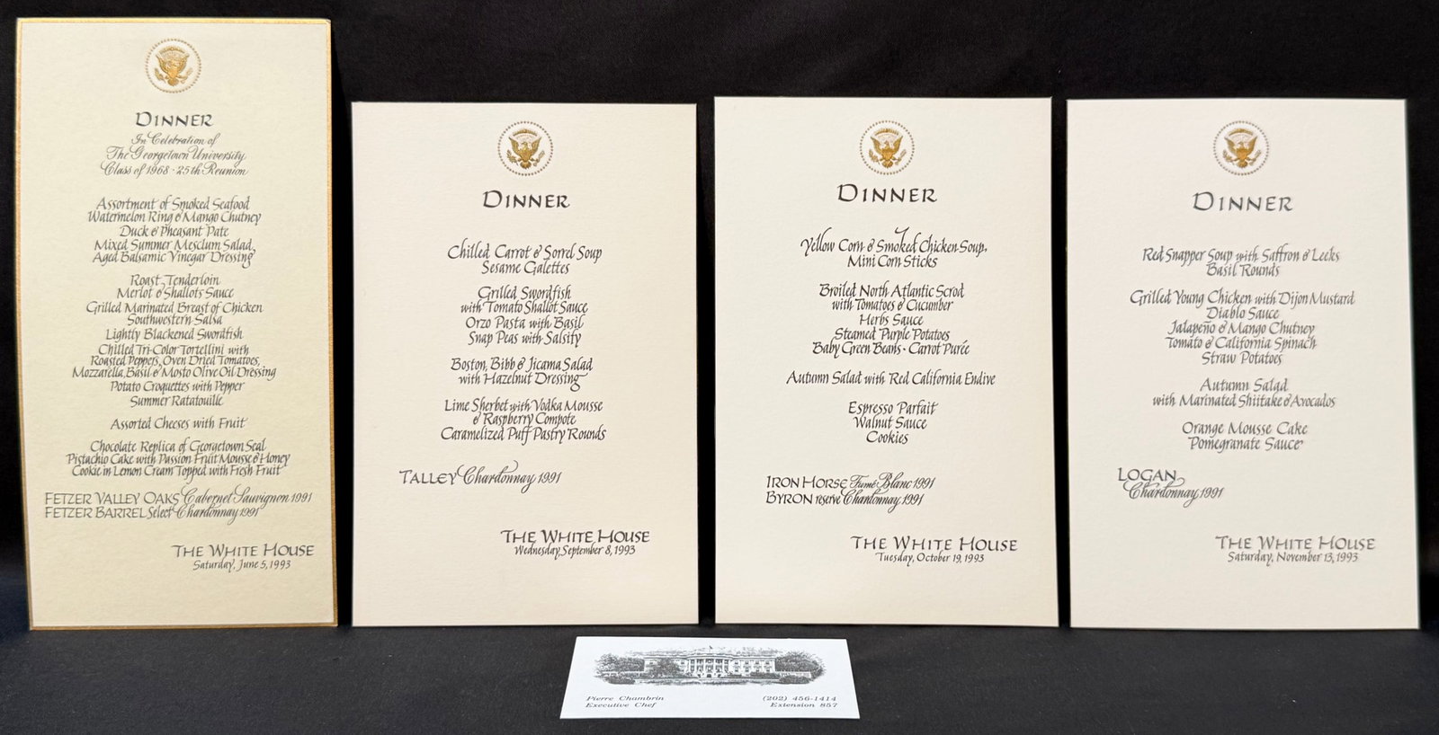 WHITE HOUSE FORMAL DINNER MENU CARD COLLECTION, ESTATE OF FORMER WHITE HOUSE EXECUTIVE CHEF PIERRE: An extraordinary surviving archive of original formal White House menu cards from 1993, preserved from the estate of former White House Executive Chef Pierre Chambrin — the legendary French-born