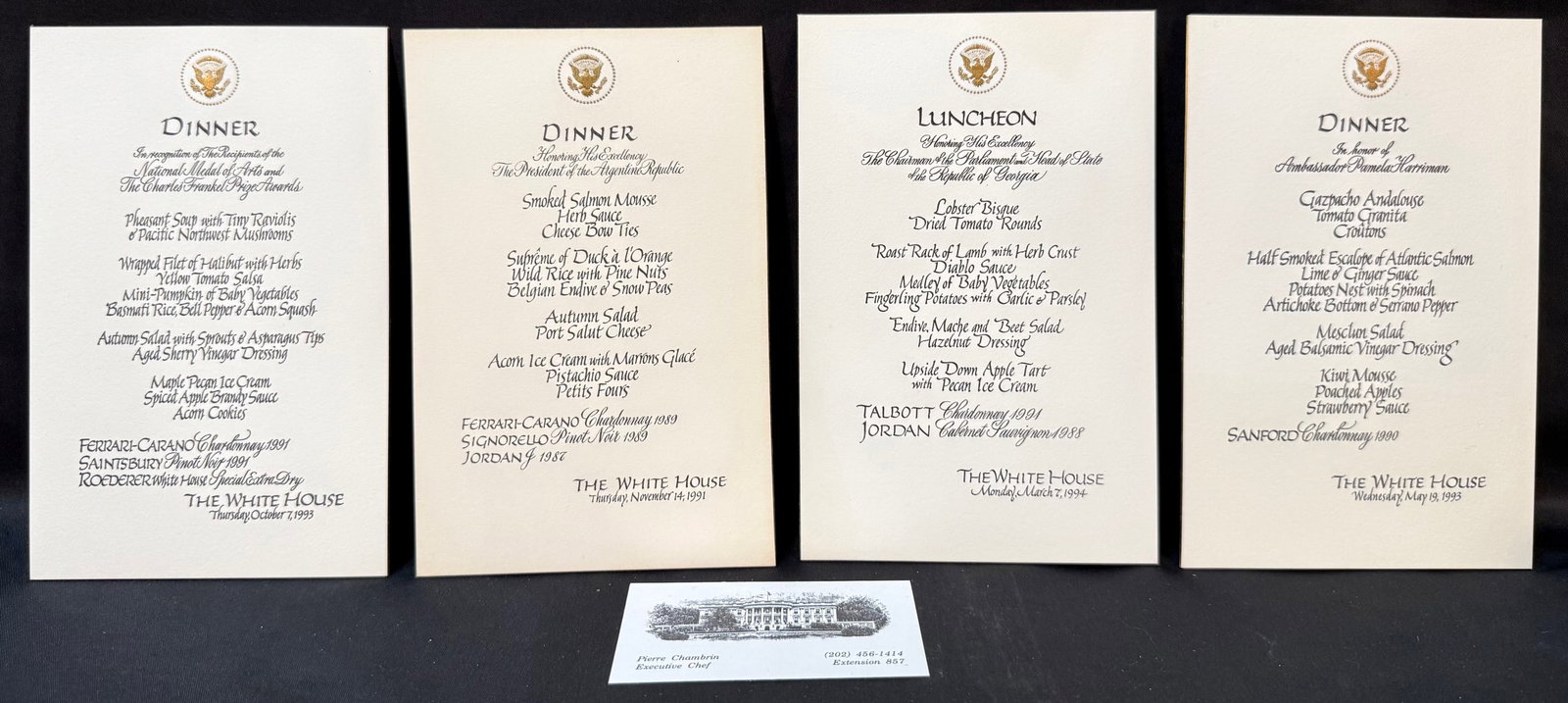 WHITE HOUSE DIPLOMATIC DINNER MENU ARCHIVE, ESTATE OF FORMER WHITE HOUSE EXECUTIVE CHEF PIERRE: A remarkable and historically charged archive of original formal White House menu cards preserved from the estate of former White House Executive Chef Pierre Chambrin who was the famed Executive Resid