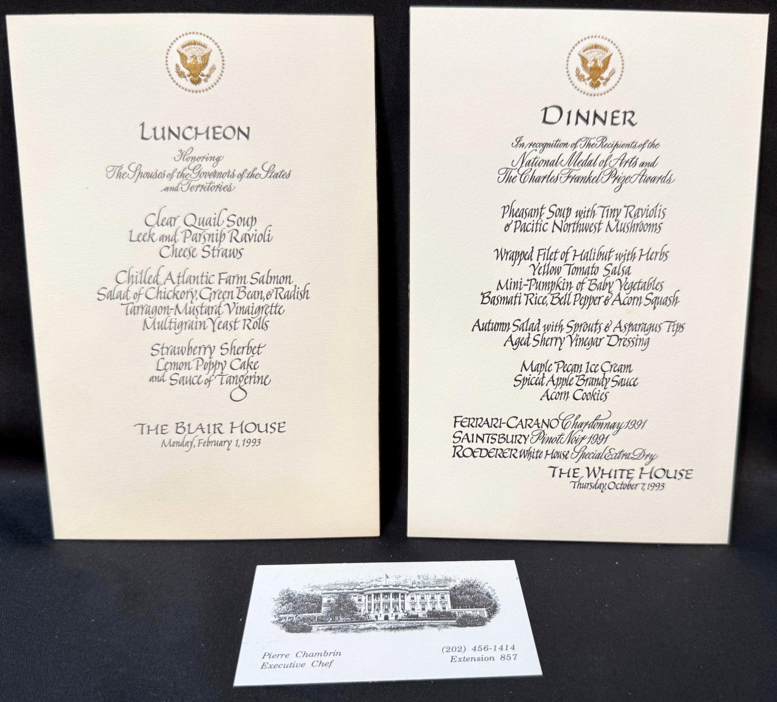 PAIR OF CLINTON ERA WHITE HOUSE & BLAIR HOUSE FORMAL MENU CARDS, ESTATE OF FORMER WHITE HOUSE: A rare and historically layered pair of original Clinton-era White House ceremonial menu cards retained from the personal archive of former White House Executive Chef Pierre Chambrin, accompanied by C