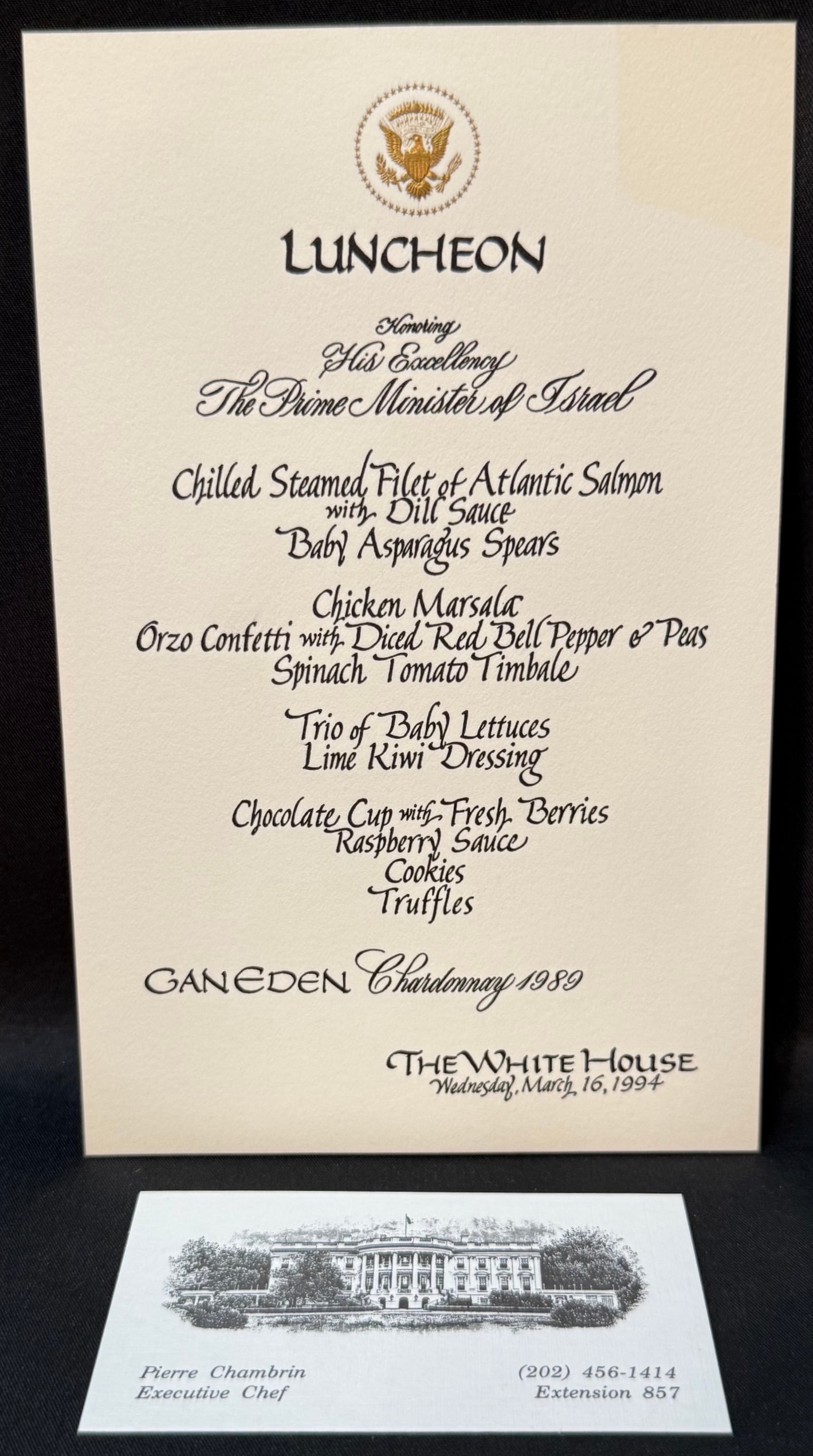 WHITE HOUSE LUNCHEON MENU HONORING ISRAELI PRIME MINISTER YITZHAK RABIN, ESTATE OF FORMER WHITE: An extraordinary and historically important original White House luncheon menu card honoring Israeli Prime Minister Yitzhak Rabin, held at the White House on March 16, 1994, during one of the most fra