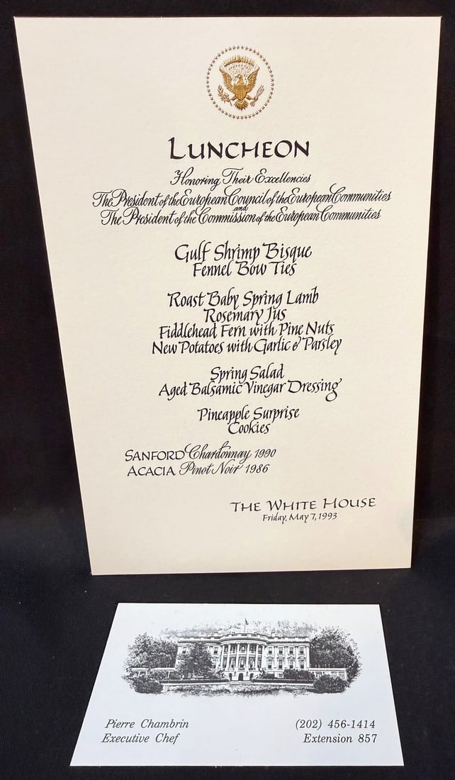 WHITE HOUSE LUNCHEON MENU HONORING THE PRESIDENTS OF THE EUROPEAN COMMUNITIES, MARCH 7, 1993, ESTATE: This is an exceptionally strong piece of modern White House hospitality history tied directly to the diplomatic and culinary operations of the Clinton White House during a pivotal moment in transatlan