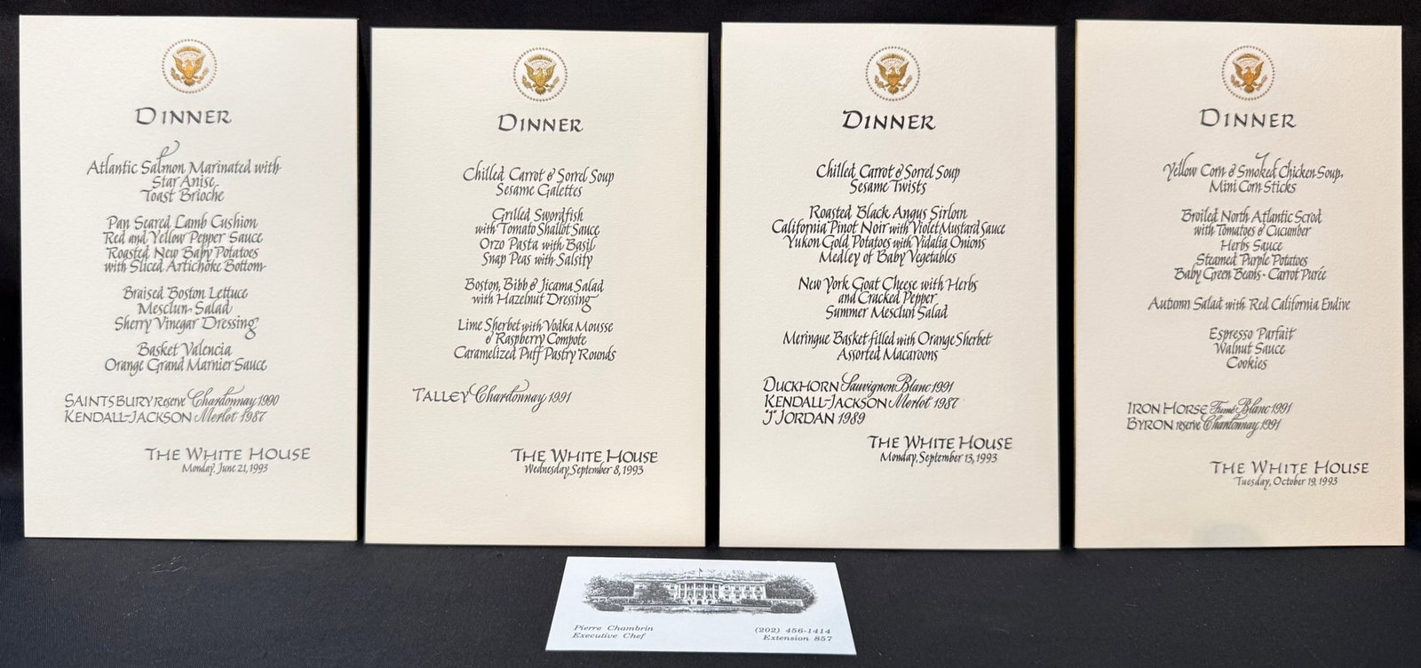 HISTORIC 1993 WHITE HOUSE DINNER MENU CARD COLLECTION, ESTATE OF FORMER EXECUTIVE CHEF PIERRE: A remarkable and historically charged collection of four original formal White House dinner menu cards from 1993, originating from the estate of former White House Executive Chef Pierre Chambrin, who 