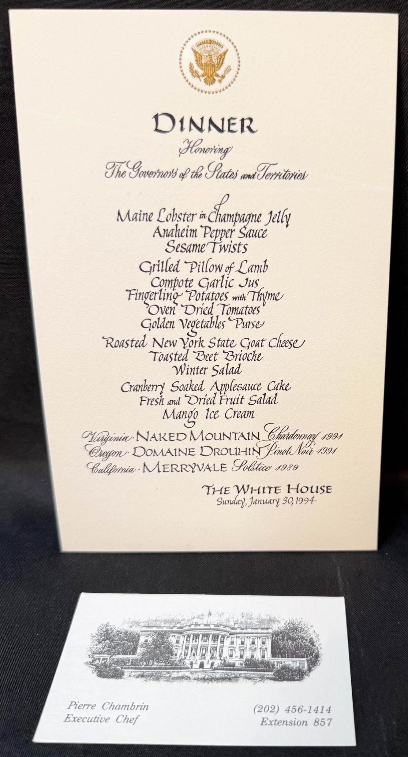 ORIGINAL WHITE HOUSE GOVERNORS DINNER MENU HONORING U.S. GOVERNORS, ESTATE OF FORMER WHITE HOUSE: An extraordinary original formal White House dinner menu card from the estate of former White House Executive Chef Pierre Chambrin, documenting a high-level Executive Residence dinner honoring “