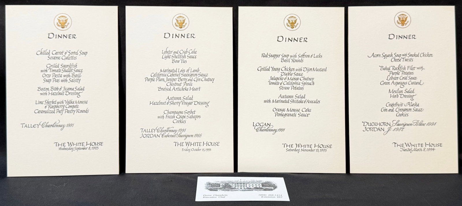 ORIGINAL WHITE HOUSE DINNER MENU COLLECTION, CLINTON WHITE HOUSE, ESTATE OF FORMER WHITE HOUSE: An extraordinary and historically significant collection of four original formal White House dinner menu cards from the estate of former White House Executive Chef Pierre Chambrin, who was the legenda