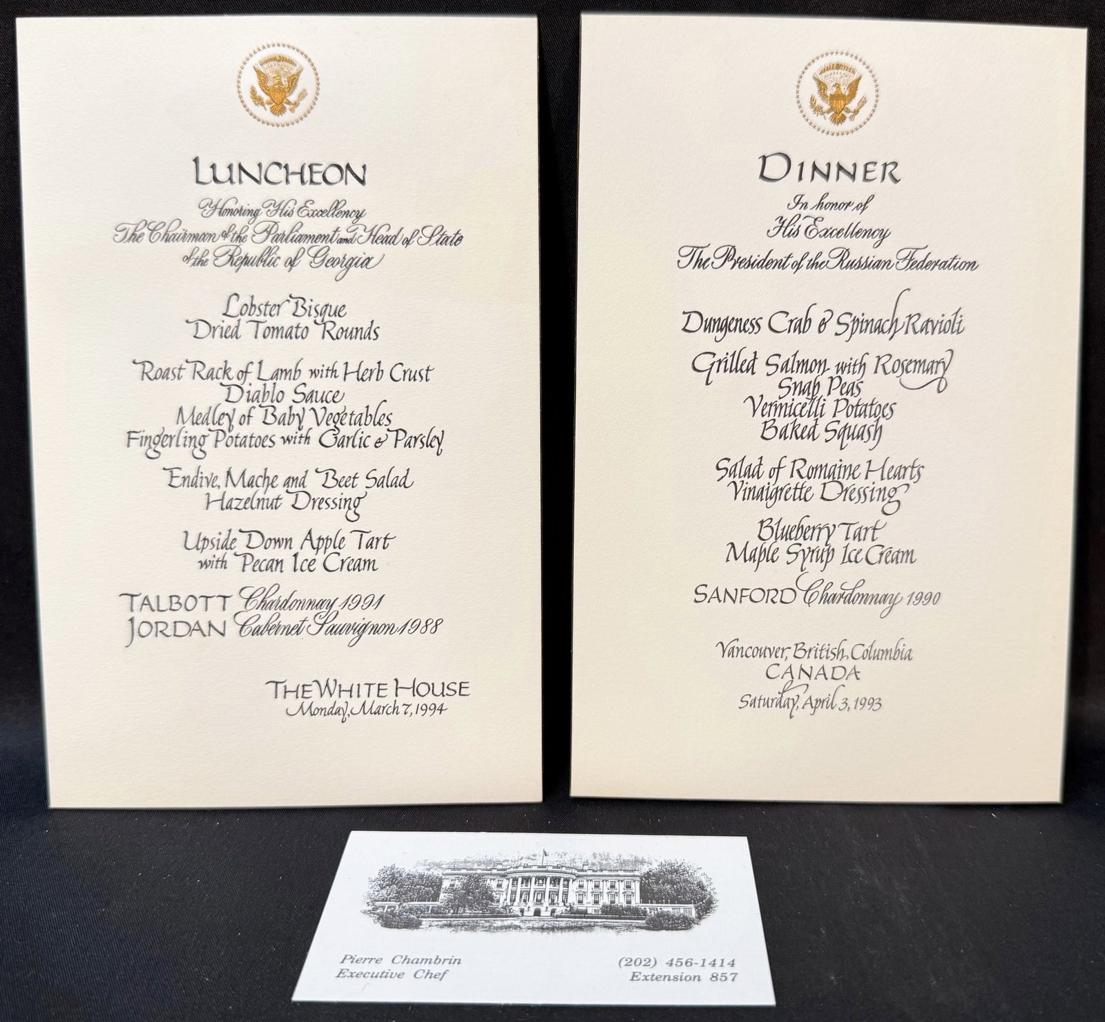 HISTORIC CLINTON?YELTSIN WHITE HOUSE MENU SET, ESTATE OF FORMER WHITE HOUSE EXECUTIVE CHEF, 4IN x: An extraordinary and historically important pair of original formal presidential menu cards from the estate of former White House Executive Chef Pierre Chambrin, documenting two major diplomatic momen
