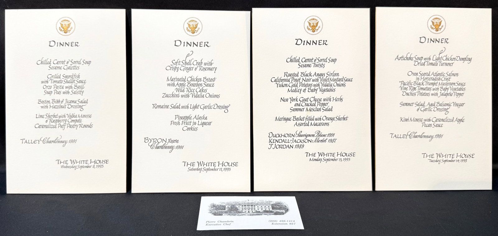 HISTORIC 1993 WHITE HOUSE DINNER MENU ARCHIVE, OSLO ACCORDS/NAFTA ERA, ESTATE OF FORMER WHITE HOUSE: A remarkable surviving archive of four original formal White House dinner menu cards from September 1993, one of the most geopolitically consequential weeks of the Clinton presidency. This set is acco