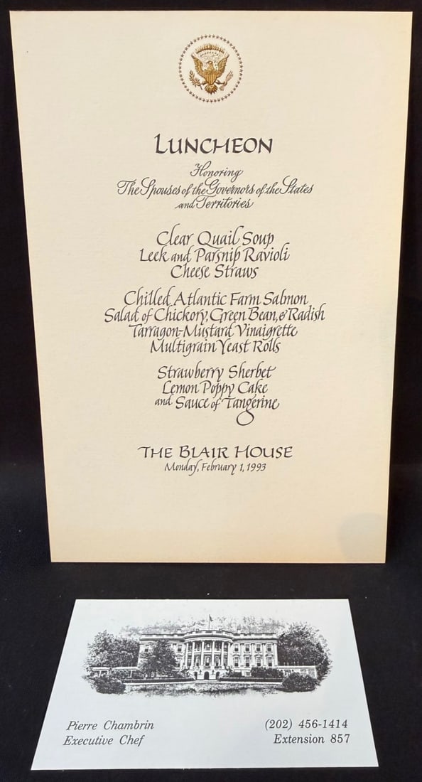 WHITE HOUSE LUNCHEON MENU CARD THE SPOUSES OF U.S. GOVERNORS, ESTATE OF FORMER WHITE HOUSE EXECUTIVE: An original formal White House luncheon menu card dated February 1, 1993, from the estate of former White House Executive Chef Pierre Chambrin, created during the opening days of the Clinton administr