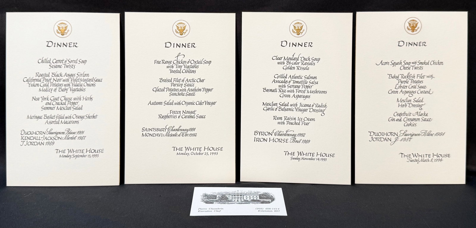 HISTORIC WHITE HOUSE DINNER MENU ARCHIVE, ESTATE OF FORMER EXECUTIVE CHEF PIERRE CHAMBRIN, OSLO: A remarkable and historically resonant collection of four original formal White House dinner menu cards from the estate of former White House Executive Chef Pierre Chambrin, spanning September 1993 th