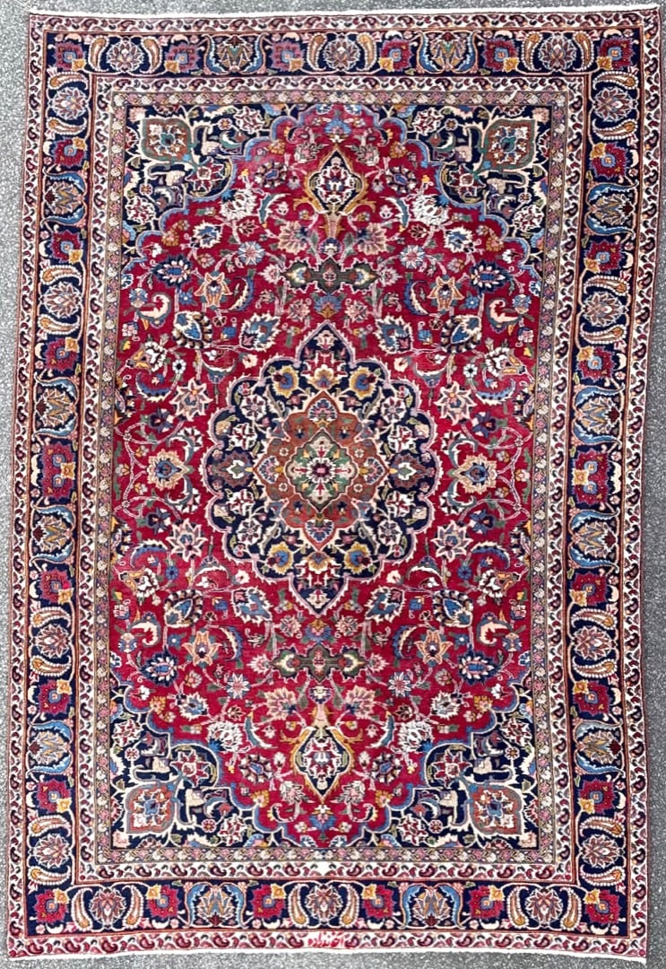 ANTIQUE SIGNED PERSIAN MASHAD HAND KNOTTED RUG, 6.3 x 9.4 (191cm x 284cm): Antique Persian Mashad rug, hand knotted in Persia of 100% natural wool on a cotton foundation. This rug is 80+ years old and has medium wool piles and is in excellent condition for its age. 