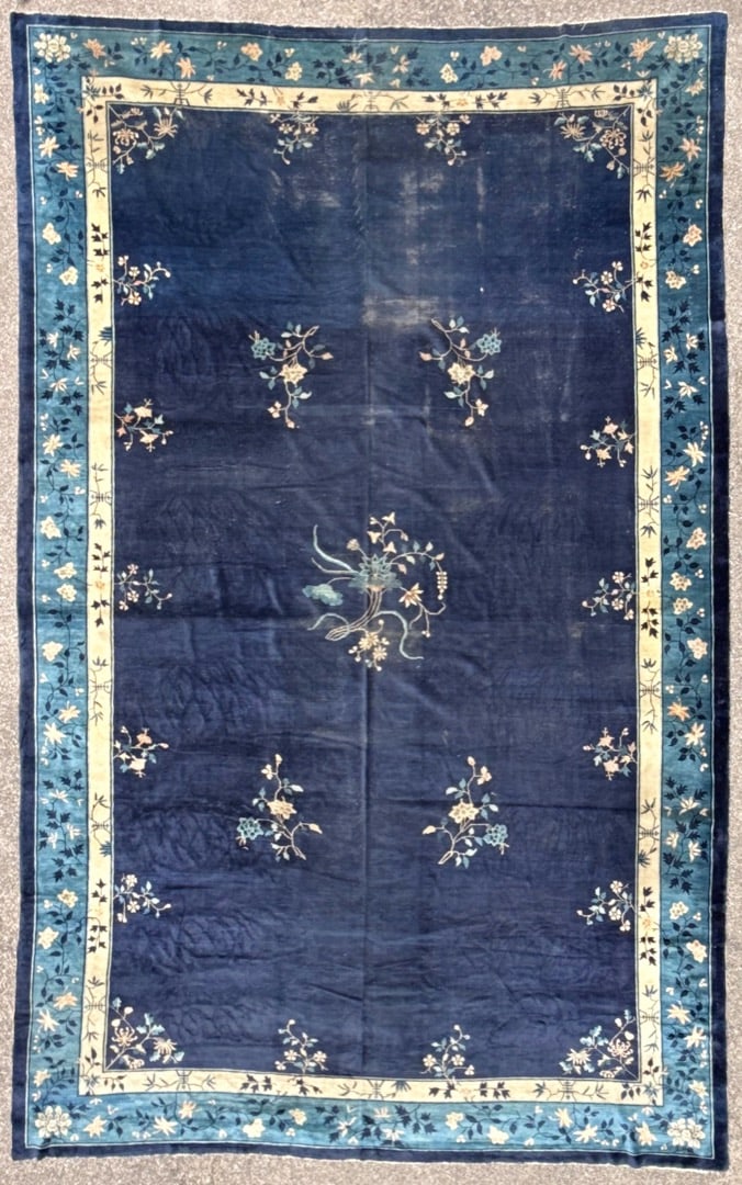 MANSION ANTIQUE CHINESE NICHOLS ART DECO HAND-KNOTTED RUG, INDIGO FIELD, MINIMALIST OPEN DESIGN, (1 of 7)