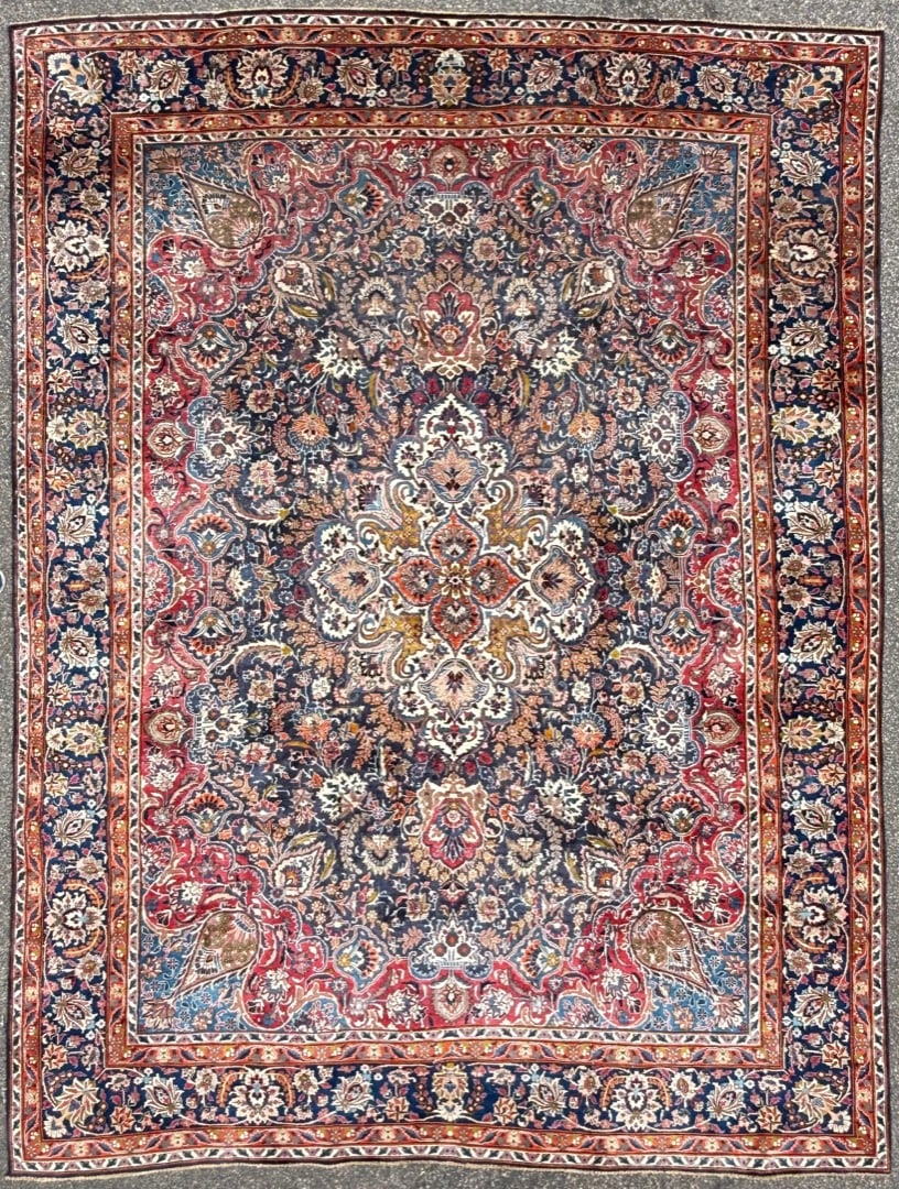 VINTAGE SIGNED PERSIAN KASHMAR HAND KNOTTED RUG, 9.5 x 12.6 (287cm x 381cm): Vintage, signed Persian Kashmar rug was hand knotted in Iran of 100% natural wool on a cotton foundation. This rug is 60+ years old, has full to medium wool piles and is in excellent condition fo