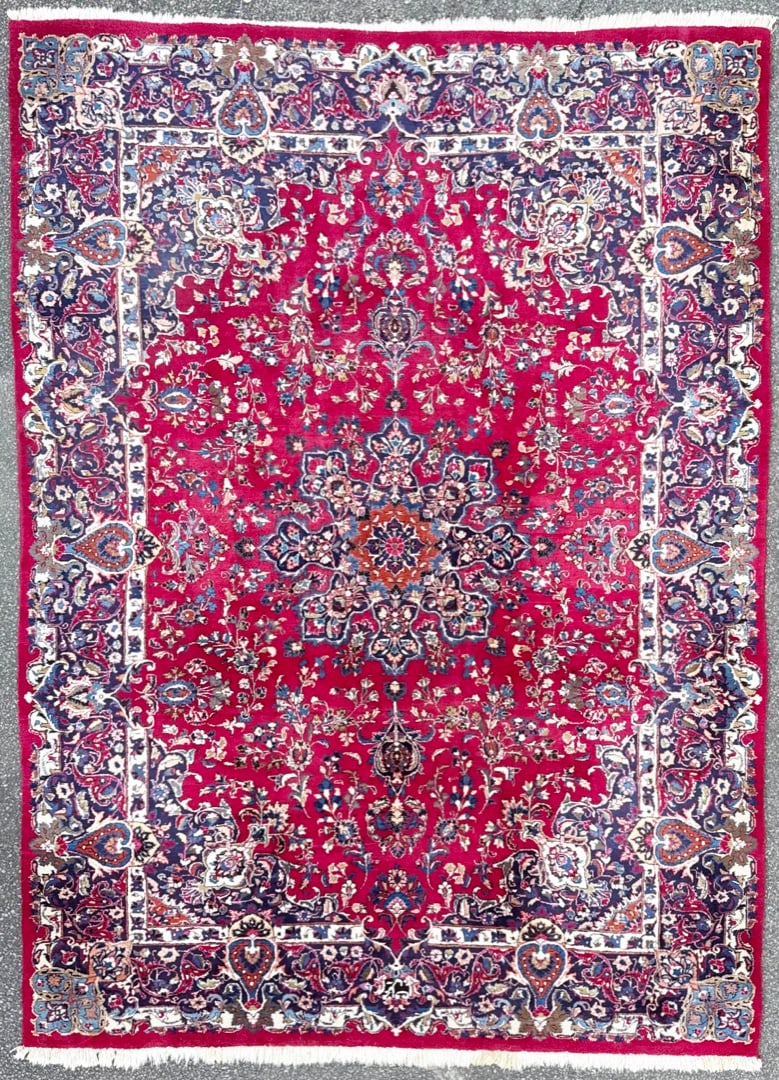 SIGNED VINTAGE PERSIAN MASHAD HAND KNOTTED RUG, 8.3 x 11.2 (251cm x 340cm): Vintage Persian Mashad rug, hand knotted in Persia of 100% natural wool on a cotton foundation. This rug is 60+ years old and has full wool piles and is in excellent condition for its age. B