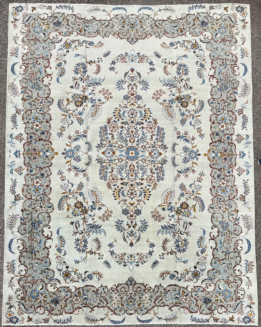 VINTAGE PERSIAN NAIN HAND KNOTTED RUG, 9.0 x 11.7 (274cm x 353cm): Vintage Persian Nain rug was hand knotted in Iran of 100 percent natural wool on a cotton foundation. This rug is 60 years old, has full to medium wool piles and is in excellent condition for its