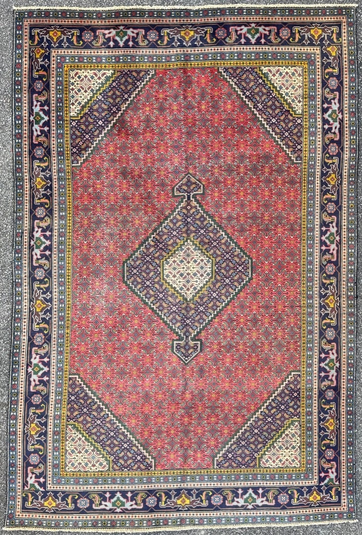 VINTAGE PERSIAN MAHI HERATI HAND KNOTTED RUG, 6.3 x 9.2 (191cm x 279cm): Vintage Persian Mahi Herati rug was hand knotted in Iran of 100 percent natural wool and has a cotton foundation. The rug is 50+ years old, has medium wool piles and is in excellent con