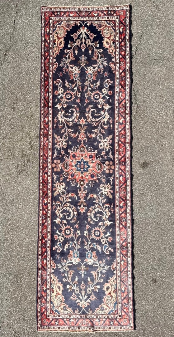 ANTIQUE PERSIAN MEHRABAN HAND KNOTTED RUNNER, 3.4 x 11.4 (102cm x 345cm): Antique Persian Hamadan Mehraban runner was hand knotted in Iran of 100 percent natural wool. This rug is 90+ years old, has medium wool piles and is in excellent condition for its age. Beautiful