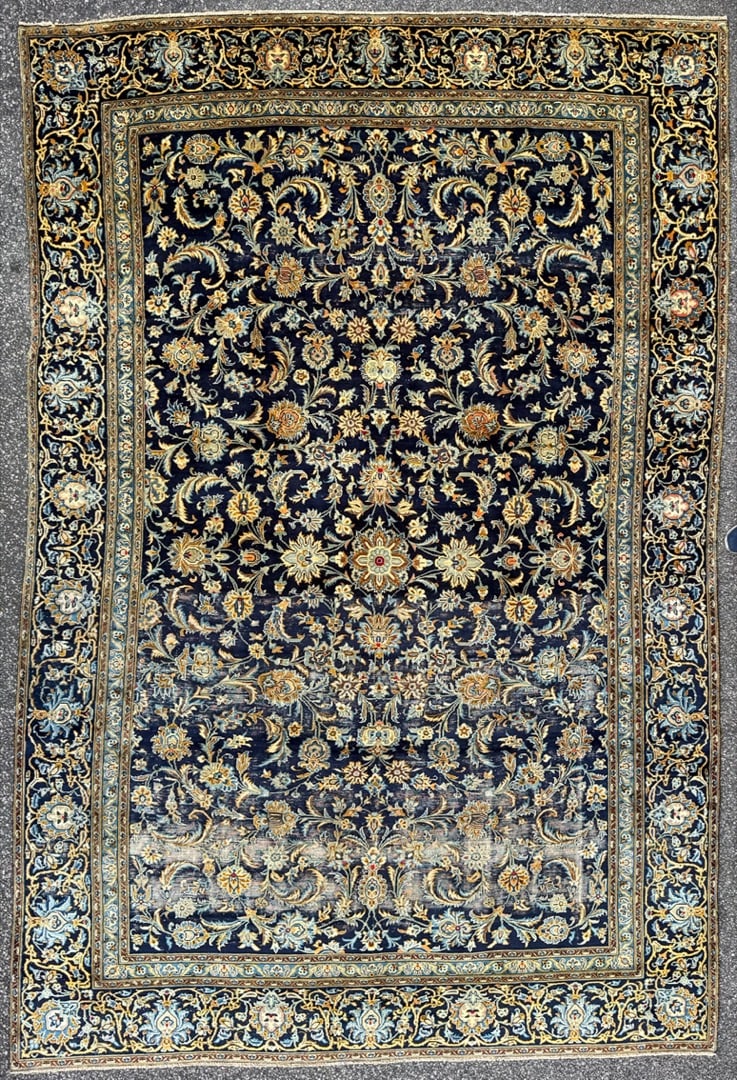 ANTIQUE PERSIAN KASHAN HAND KNOTTED RUG, 7.11 x 12.0 (241cm x 366cm): Antique Persian Kashan rug was hand knotted in Iran of 100 percent natural wool on a cotton foundation. This rug is 80+ years old, has medium to low wool piles and is in excellent condition for i