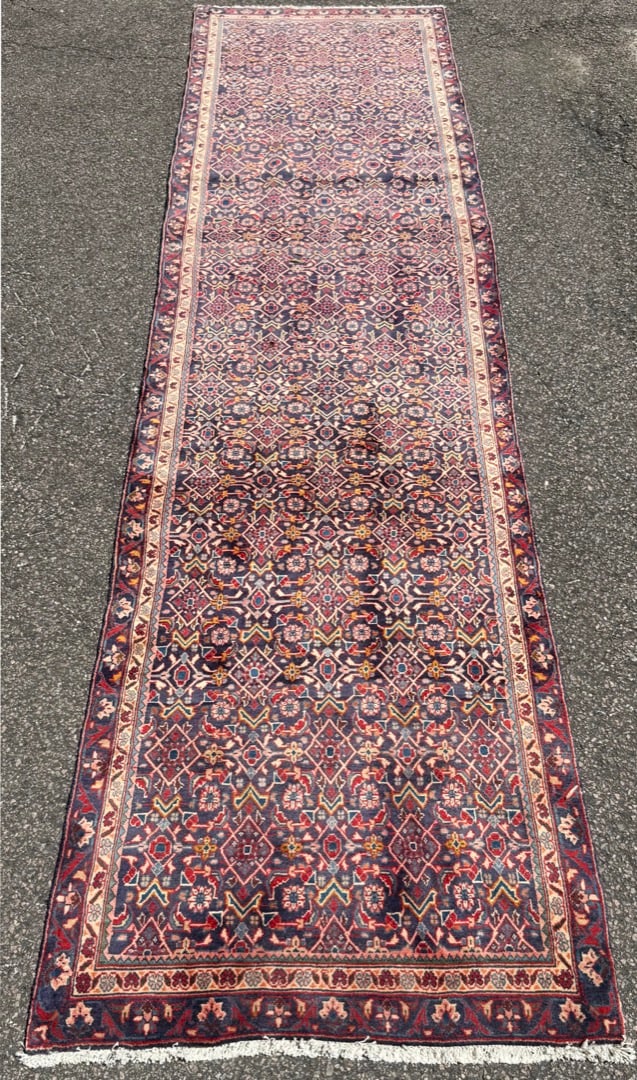 ANTIQUE PERSIAN BIDJAR HAND KNOTTED RUNNER, 3.2 x 12.3 (97cm x 373cm): Antique Persian Bidjar runner was hand knotted in Iran of 100 percent natural wool with a cotton foundation. This rug is at least 100 years old, has medium wool piles and is in excellent conditio