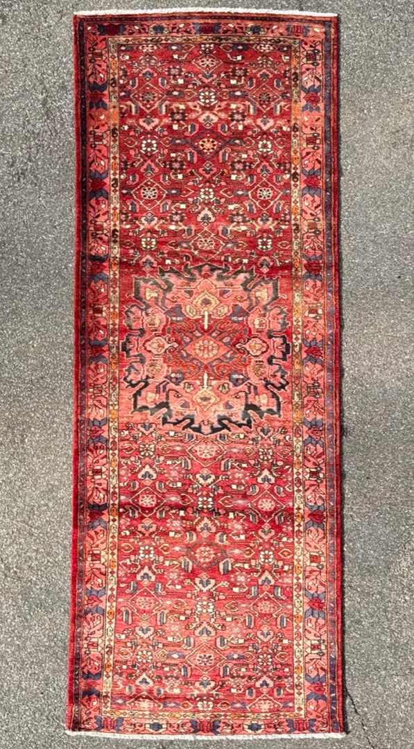 VINTAGE PERSIAN MALAYER HAND KNOTTED RUNNER, 3.10 x 10.6 (117cm x 320cm): Vintage Persian Hamadan Malayer runner was hand knotted in Iran of 100 percent natural wool. This rug is 60+ years old, has medium wool piles and is in excellent condition for its age. Beautiful 