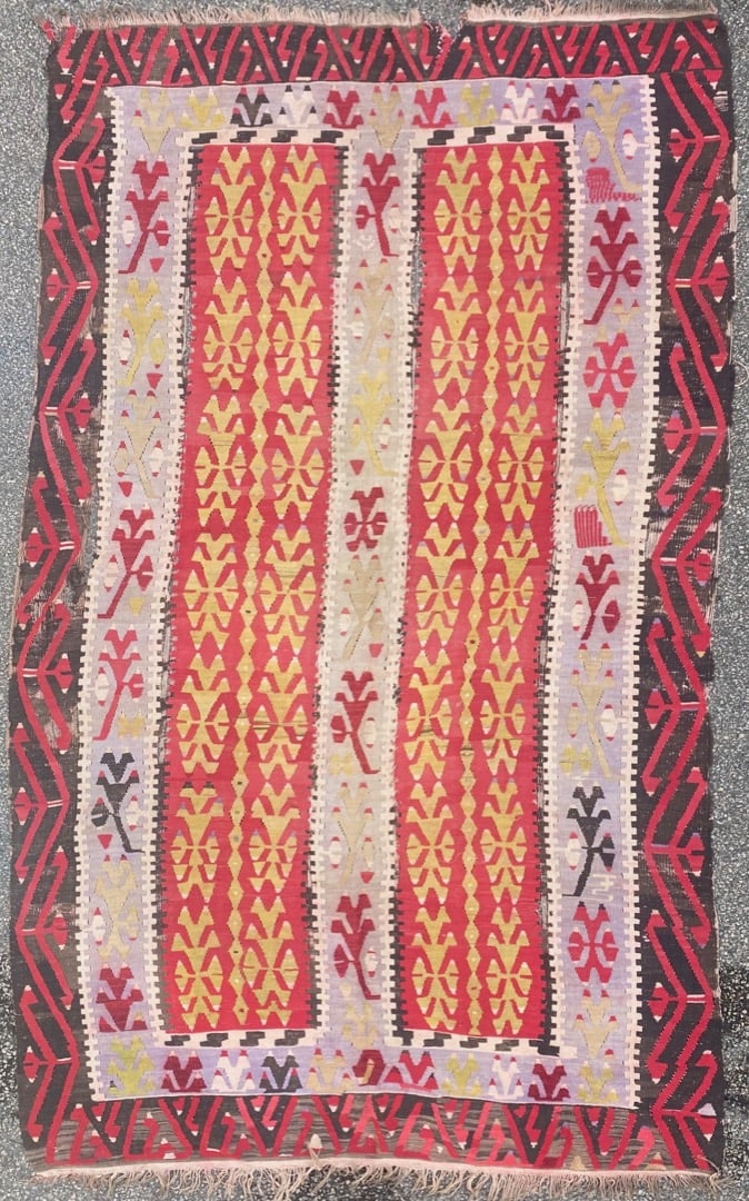 VINTAGE QASHQAI KILIM HAND KNOTTED RUG, DISTRESSED, 5.9 x 9.7 (175cm x 292cm): Vintage Qashqai Kazak flat weave rug was hand knotted in Turkey of 100% natural wool and has flat weave wool piles. This rug is 60+ years old and is in excellent condition for its age, thoug