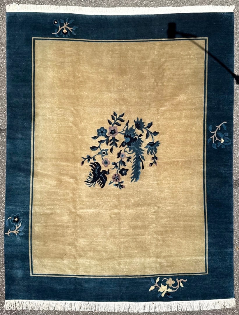 SINO ART DECO HAND KNOTTED RUG, 7.9 x 9.9 (236cm x 297cm): This hand-knotted Chinese Art Deco carpet is built around an Ivory field. This creates a calm, uninterrupted plane of color that instantly grounds a space without overwhelming it. The composition is i
