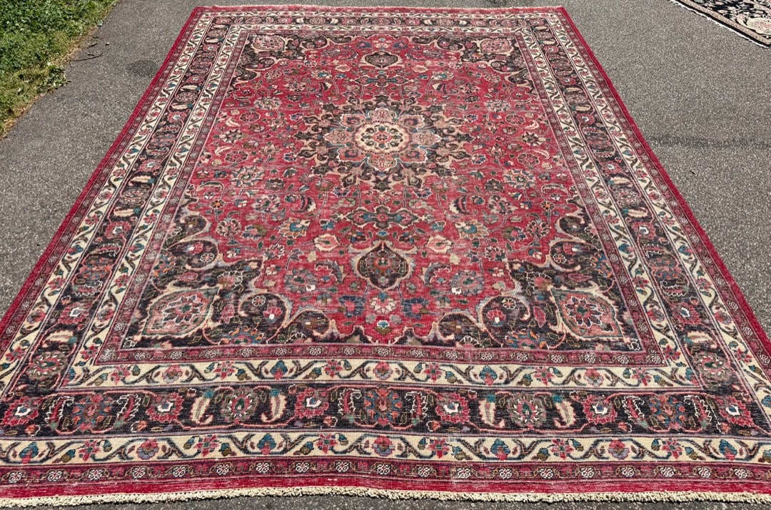ANTIQUE PERSIAN ISFAHAN HAND KNOTTED RUG, DISTRESSED, 9.9 x 13.3 (297cm x 404cm): Antique Persian Isfahan rug, was hand knotted in Iran of 100 percent natural wool on a cotton foundation. This rug is 90+ years old, has low, wool piles and is in distressed condition. Beaut