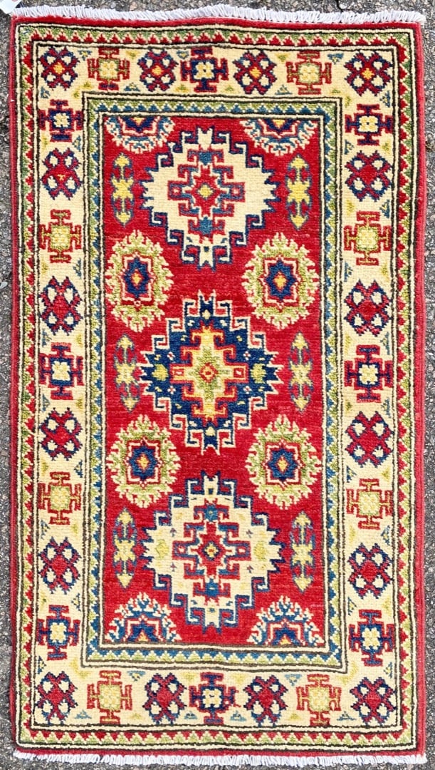KAZAK HAND KNOTTED RUG, NEW, 1.11.x 3.4 (58cm x 102cm): New Kazak rug was hand knotted in Afghanistan of 100 percent natural wool on a cotton foundation. The rug has medium wool piles and is in brand new condition. It is made with excellent quality, n