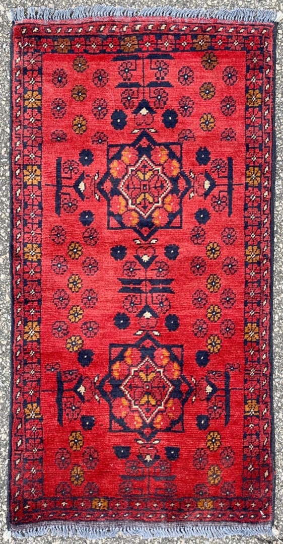 TURKEMAN HAND KNOTTED RUG, 1.10 x 3.6 (56cm x 107cm): Turkeman rug was hand knotted in Afghanistan of 100 percent natural wool on a cotton foundation. It has medium, even, wool piles and is in like new condition. Beautiful colors with exce