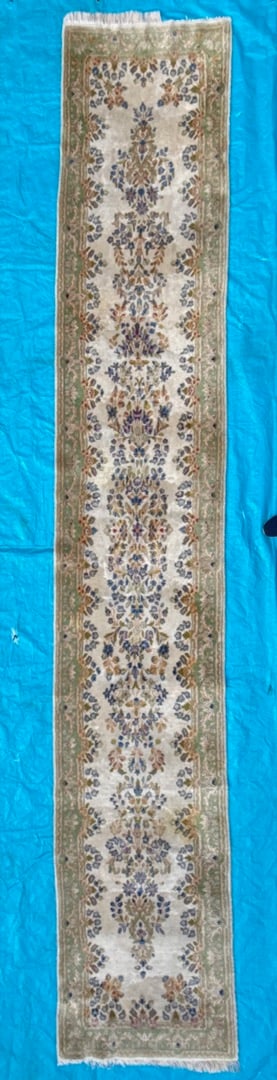 EXTRA-LONG PERSIAN KERMAN HAND KNOTTED RUNNER WITH 175+ KPSI, 3.0 x 17.10 (91cm x 544cm): Extra-long, Persian Kerman runner, made in Iran of 100 percent natural wool on a cotton foundation. This rug is 30+ years old, has full wool piles and is in excellent condition. This rug has knot
