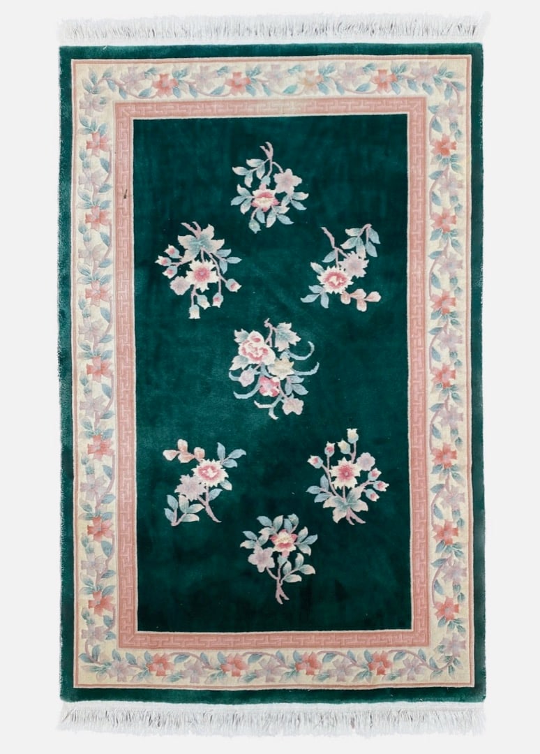 ART DECO HAND KNOTTED RUG – 5.7 x 8.9 (170cm x 267cm): Asian Art Deco rug was hand knotted in China of 100 percent natural wool on a cotton foundation. The rug has very thick (1 inch) wool piles and is in like new condition. Beautiful colors and