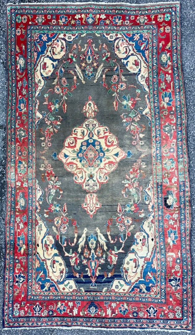 ANTIQUE PERSIAN ISFAHAN HAND KNOTTED RUG, 4.4 x 7.5 (132cm x 226cm): Antique Persian Isfahan pictorial rug, was hand knotted in Iran of 100 percent natural wool on a cotton foundation. This rug is 100+ years old, has medium wool piles and is in excellent condition