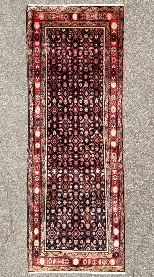 VINTAGE PERSIAN MAHI HERATI HAND KNOTTED RUNNER, 3.3 x 9.0 (99cm x 274cm): Vintage Persian Mahi Herati runner was hand knotted in Iran of 100 percent natural wool and has a cotton foundation. The rug is 60+ years old, has medium wool piles and is in excellent 
