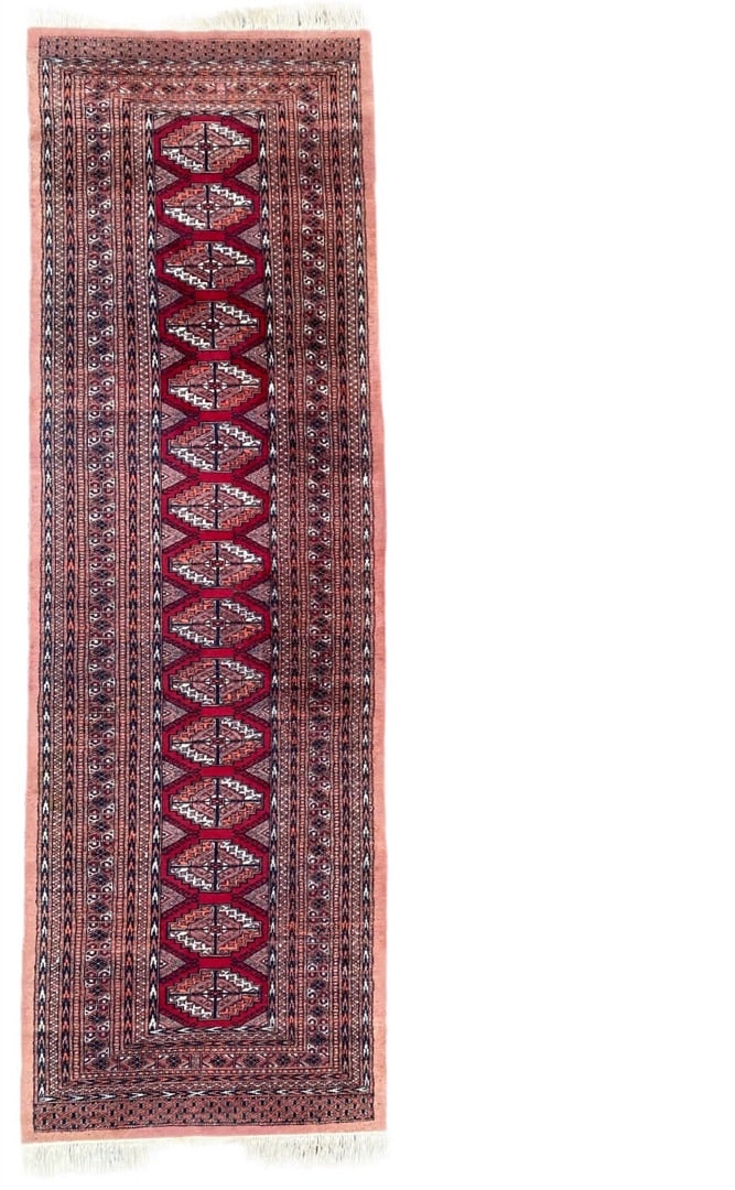 BUKHARA HAND KNOTTED RUNNER, 3.3 x 10.2, (99cm x 310cm): Bukhara Tekke runner was hand knotted in Pakistan of 100% natural wool on a cotton foundation. It has full wool piles and is in excellent condition. Beautiful colors with excellent quality. 