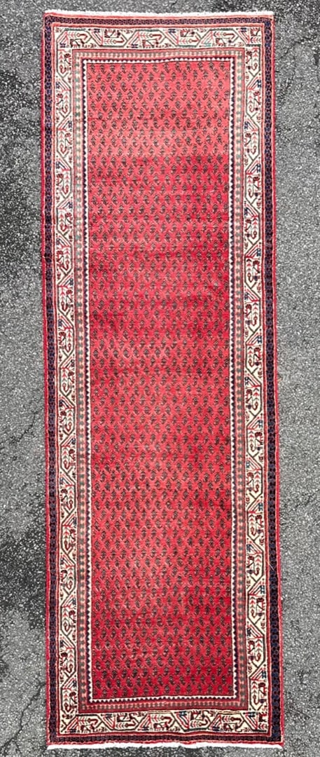 VINTAGE PERSIAN SARABAND MIR HAND KNOTTED RUNNER, 3.8 x 10.3 (112cm x 312m): Vintage Persian Saraband Mir runner was hand knotted in Iran of 100 percent natural wool on a cotton foundation. This rug is 60+ years old and has medium wool piles and is in excellent condi