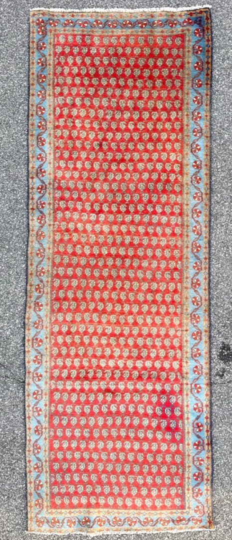 VINTAGE PERSIAN SARABAND MIR HAND KNOTTED RUNNER, 3.6 x 9.10 (107cm x 300m): Vintage Persian Saraband Mir runner was hand knotted in Iran of 100 percent natural wool on a cotton foundation. This rug is 70+ years old and has medium wool piles and is in excellent condi