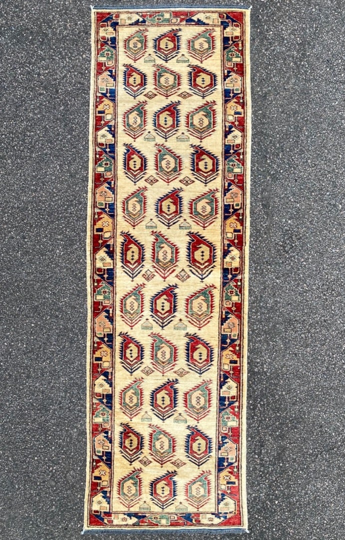 KAZAK CAUCASIAN HAND KNOTTED RUNNER, 2.8 x 8.7 (81cm x 262cm): Caucasian Kazak runner was hand knotted in Turkey of 100% natural wool on a wool foundation. The rug has full wool piles and is in like new condition. It is made with excellent quality, nice and 
